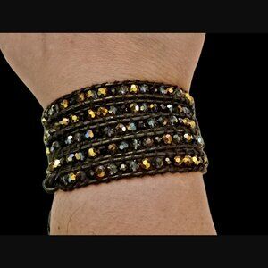 Victorian Emerson Dark Brown Leather Multi Color Crystal 34" Long  Bracelet